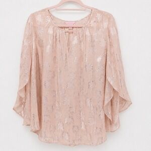 Lilly Pulitzer Pink Metallic Silk Palm Tree Flutter Sleeve Blouse Top Medium
